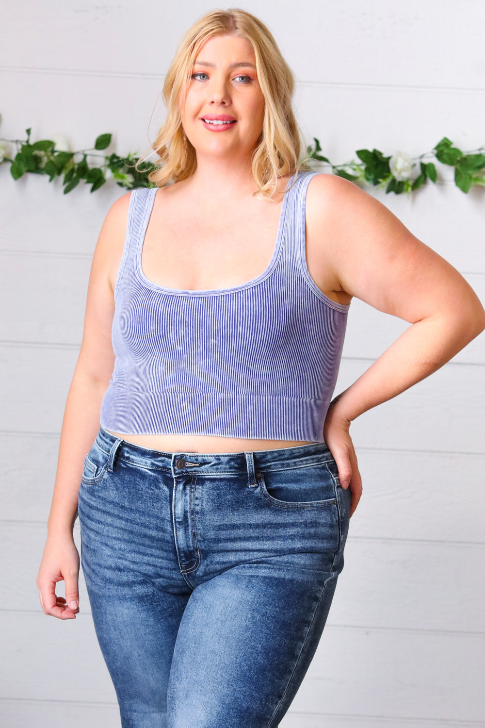 Blueberry Washed Rib Cropped Square Neck Tank