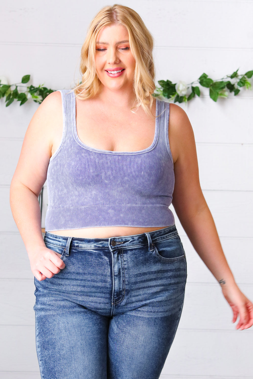Blueberry Washed Rib Cropped Square Neck Tank