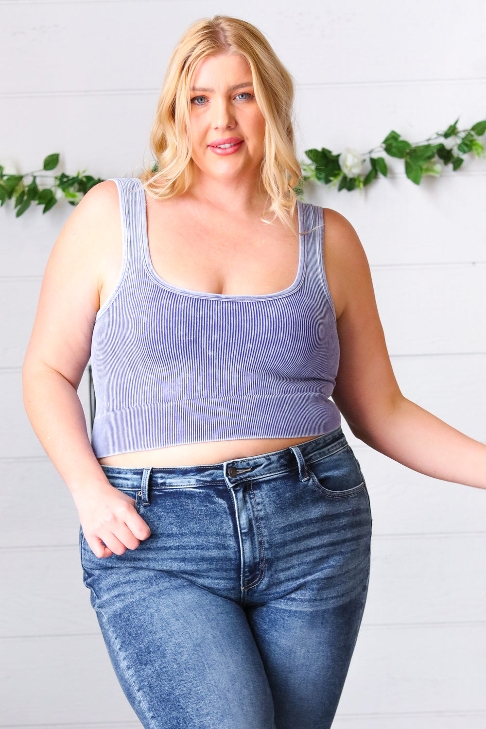 Blueberry Washed Rib Cropped Square Neck Tank