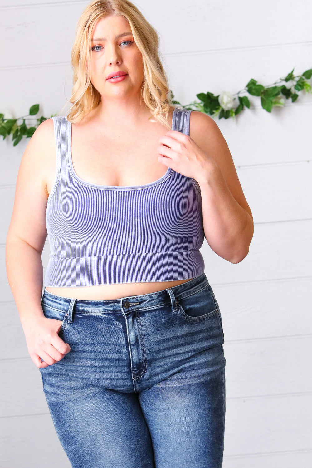 Blueberry Washed Rib Cropped Square Neck Tank