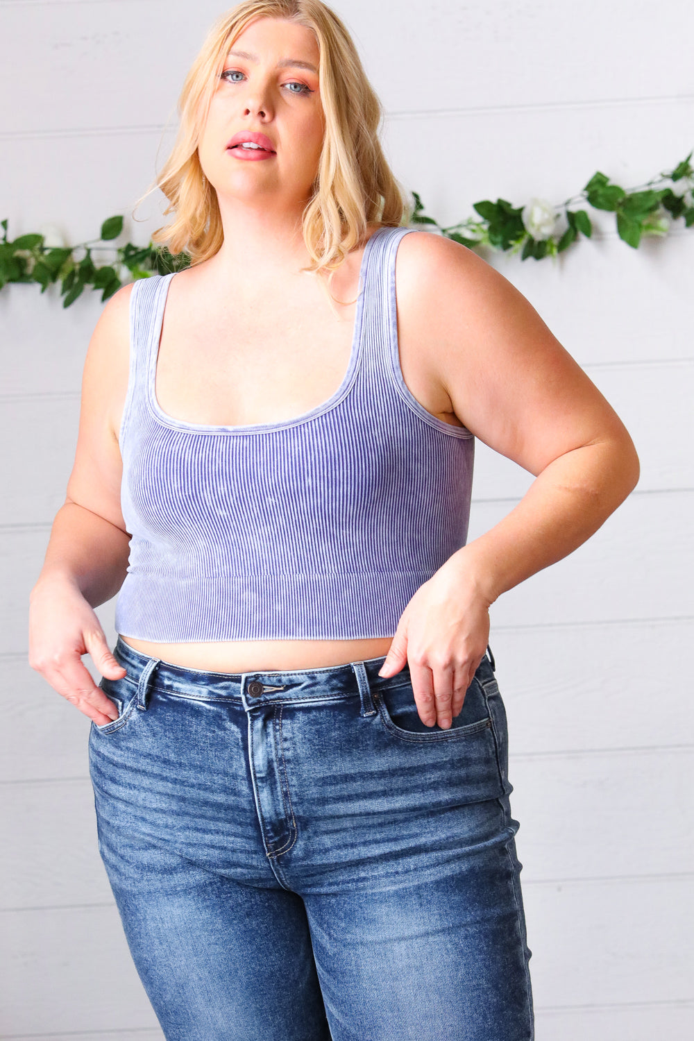Blueberry Washed Rib Cropped Square Neck Tank