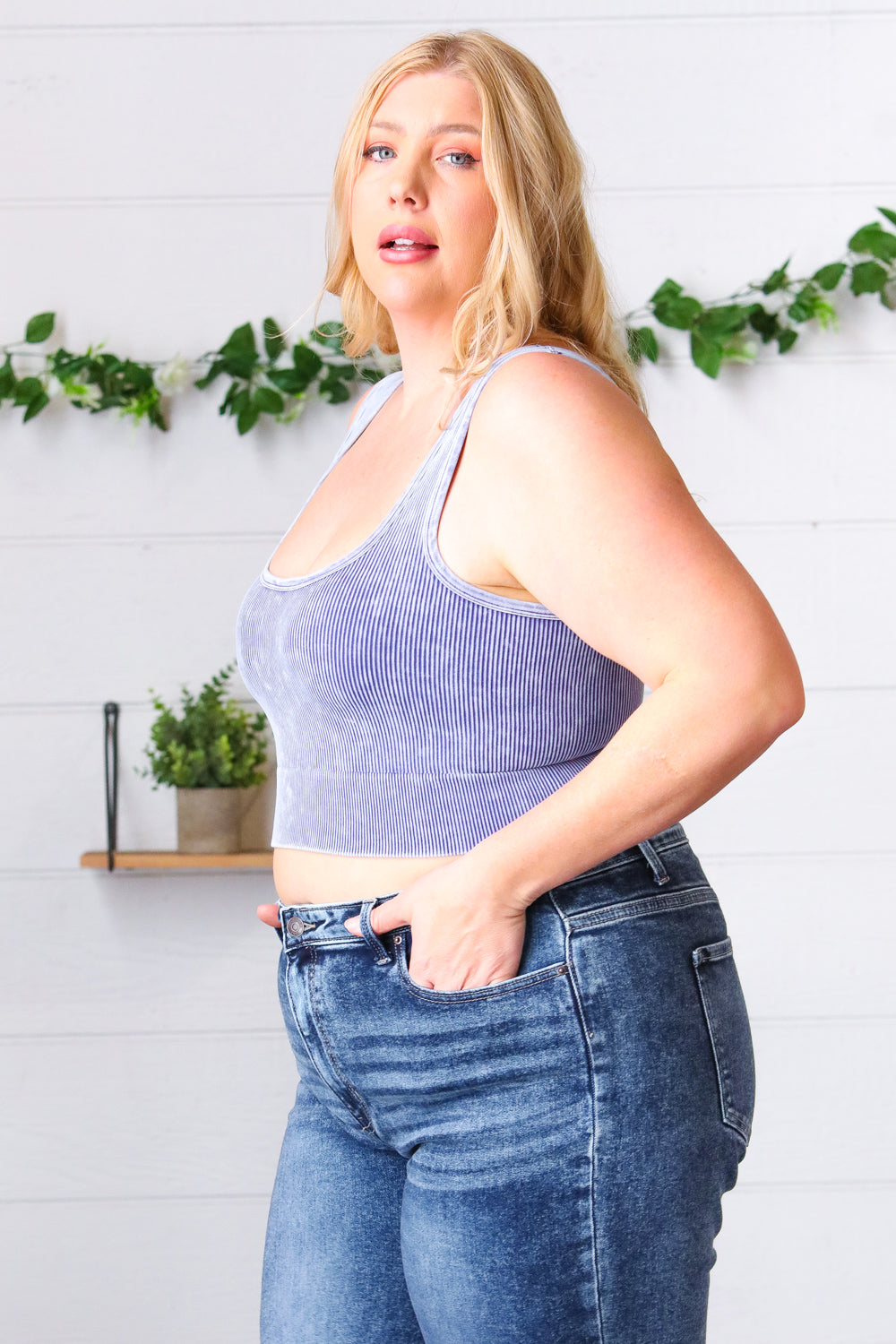Blueberry Washed Rib Cropped Square Neck Tank