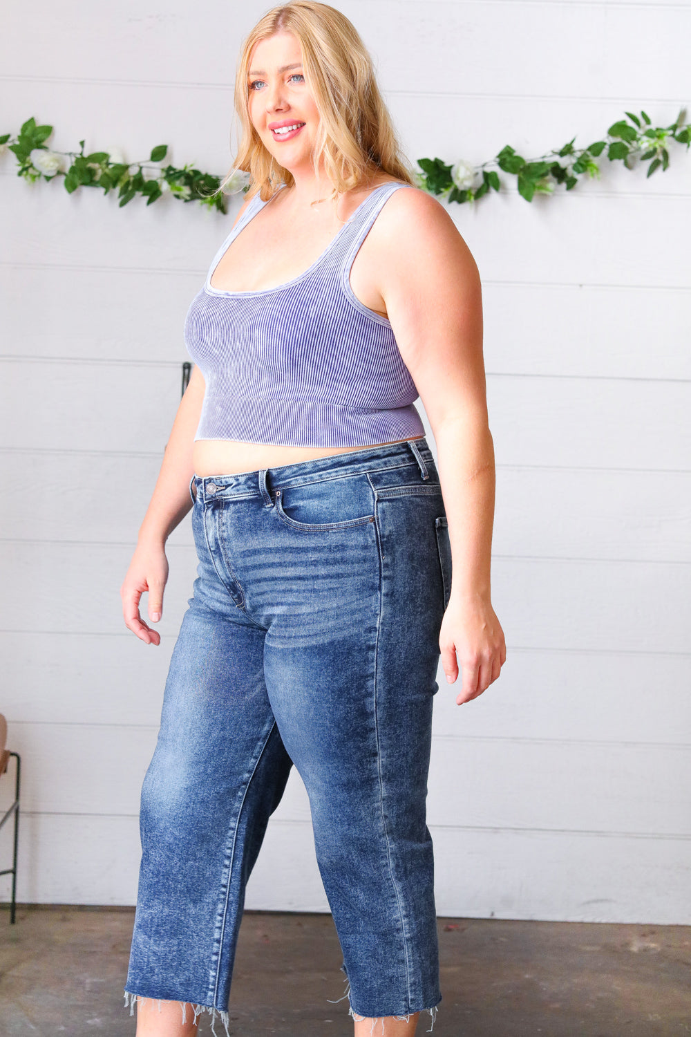 Blueberry Washed Rib Cropped Square Neck Tank