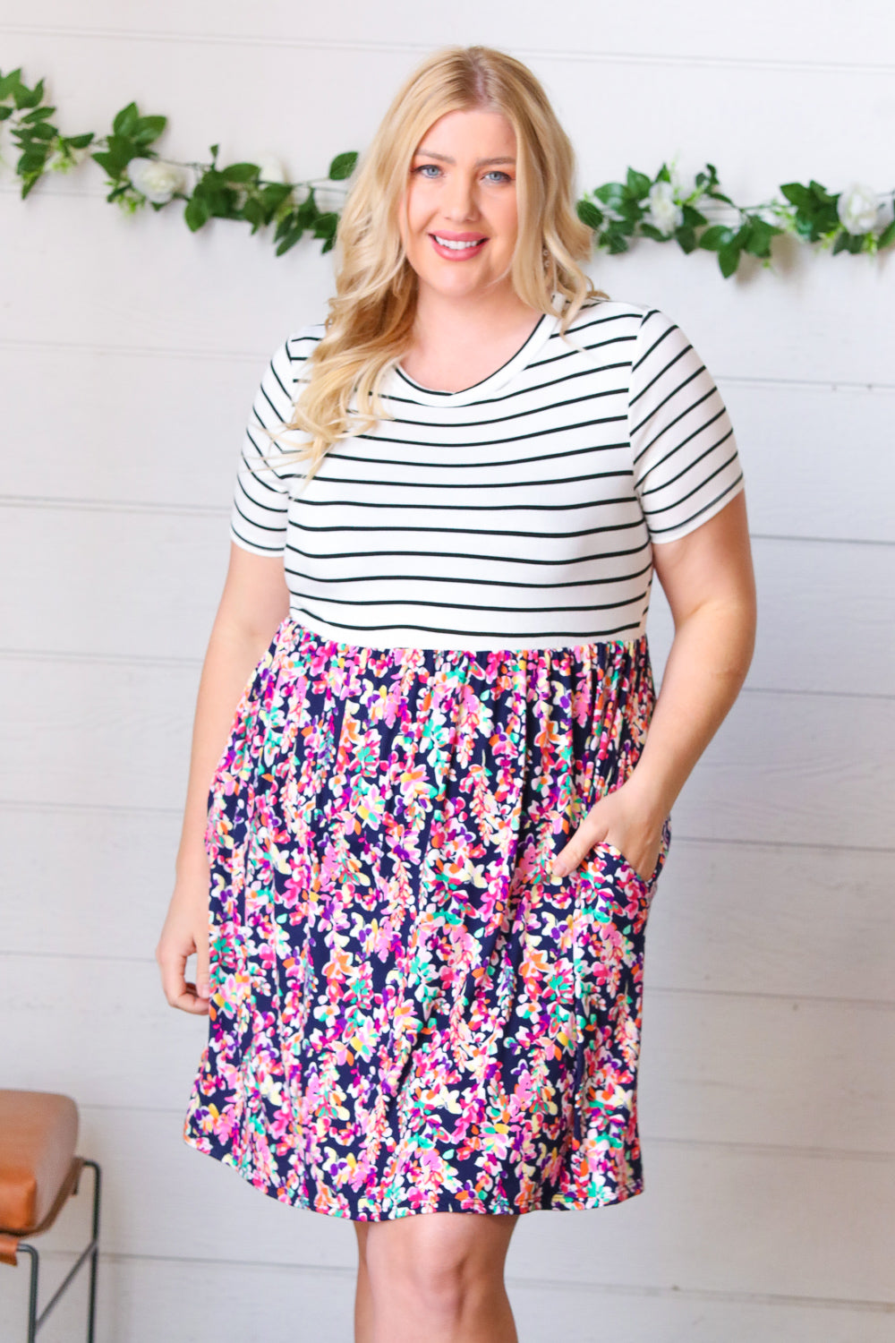Two Fer Stripe & Multicolor Floral Color Block Dress