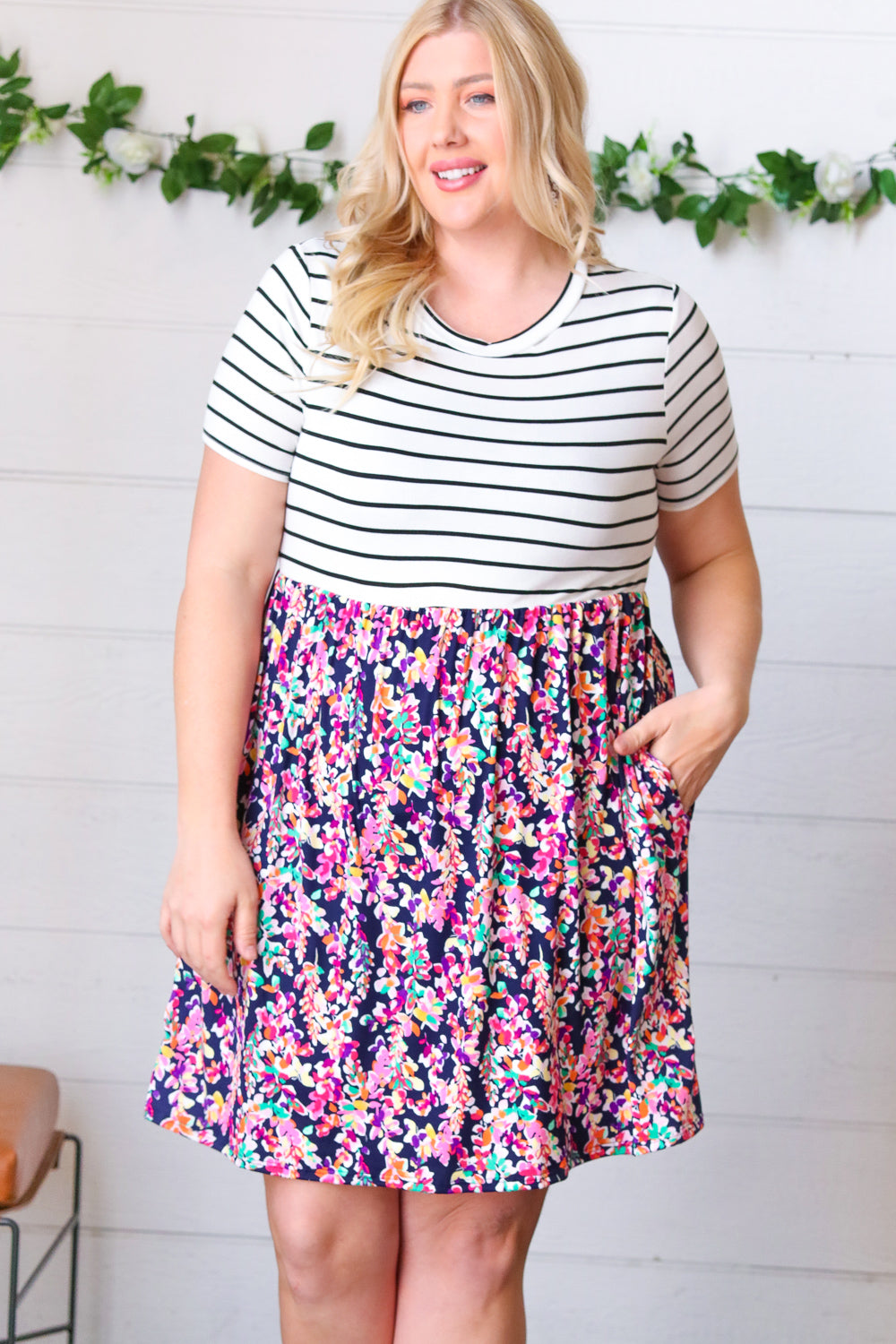 Two Fer Stripe & Multicolor Floral Color Block Dress