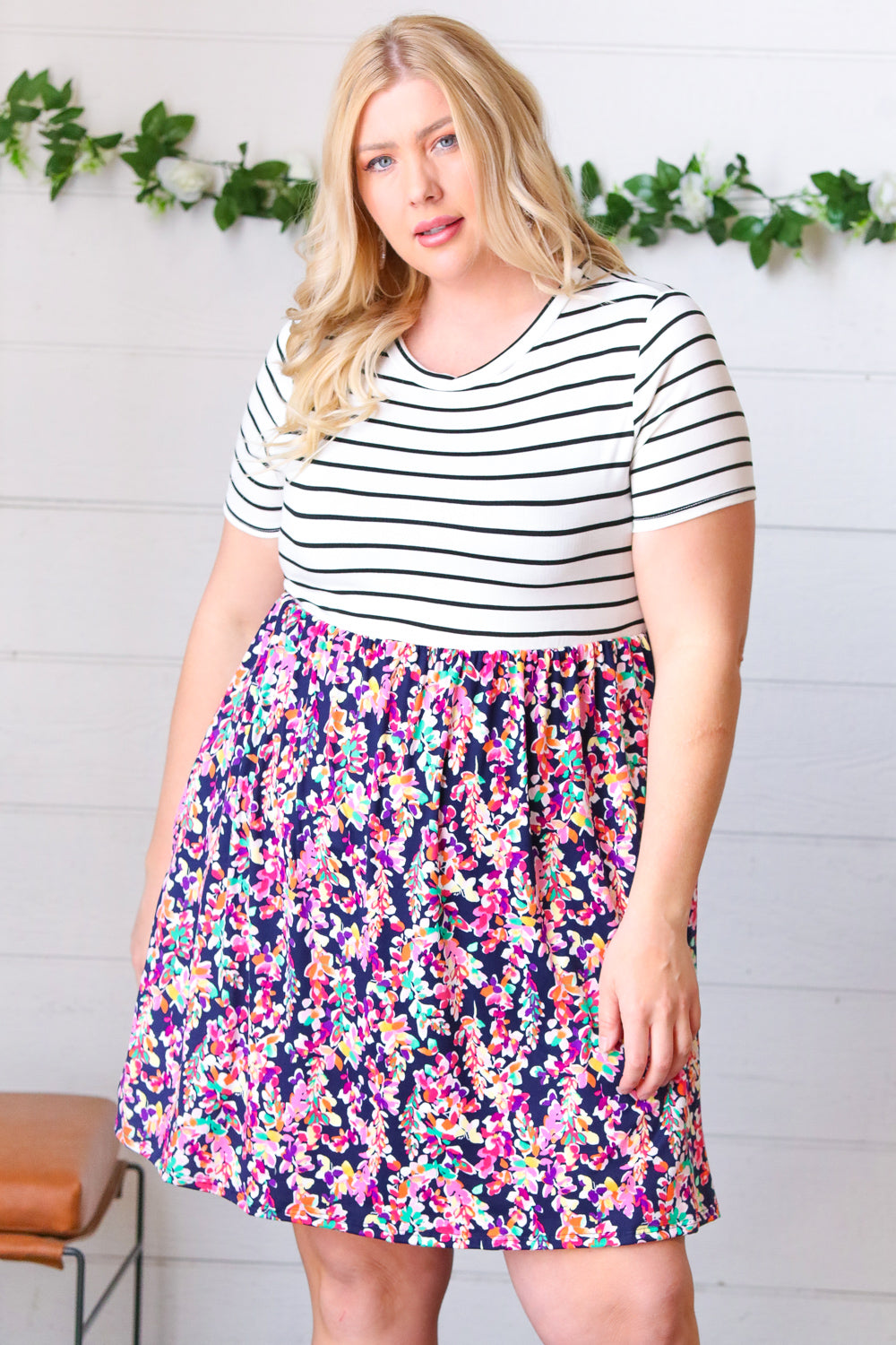 Two Fer Stripe & Multicolor Floral Color Block Dress