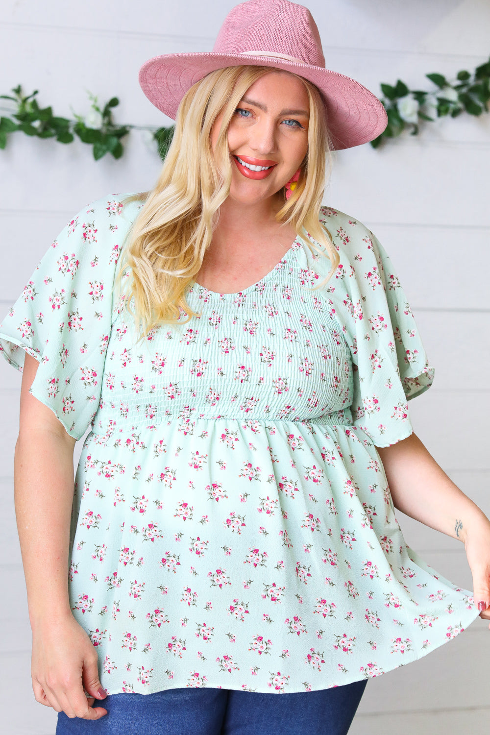 Mint Floral Smocked Flutter Sleeve Top