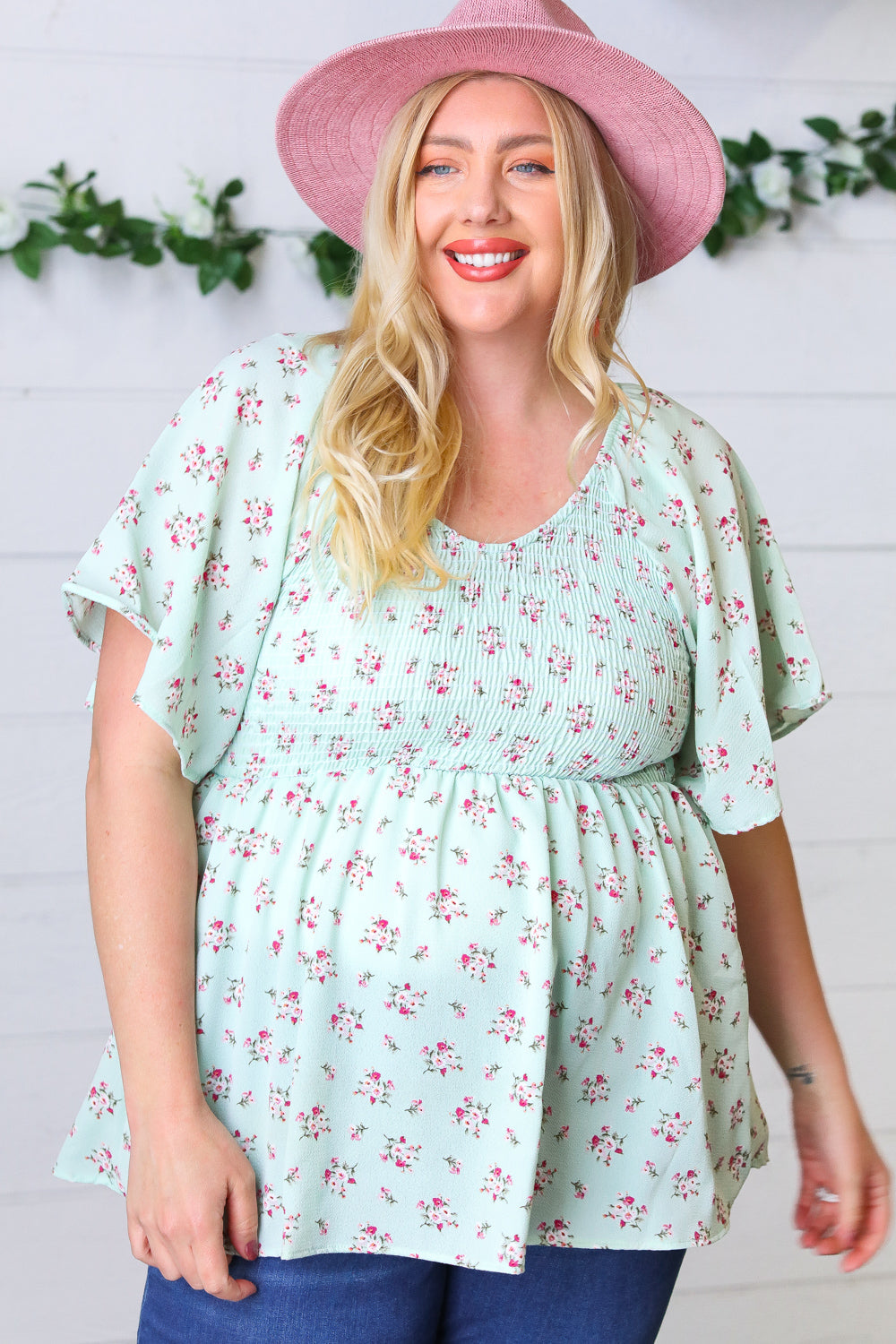 Mint Floral Smocked Flutter Sleeve Top