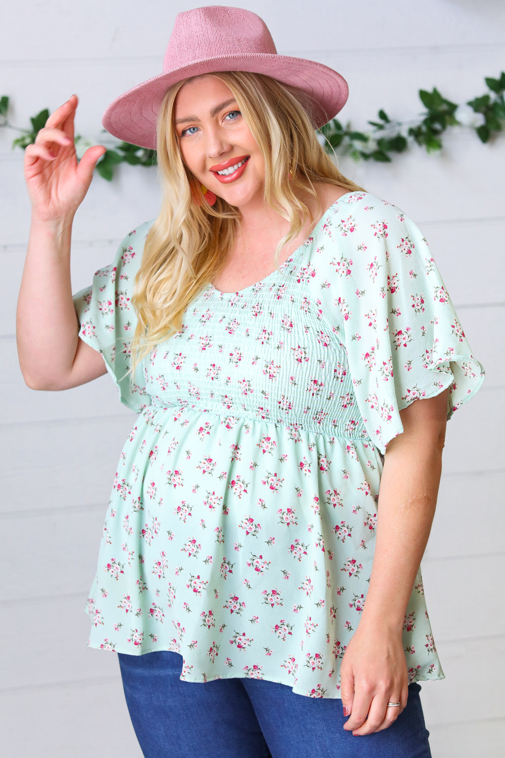 Mint Floral Smocked Flutter Sleeve Top