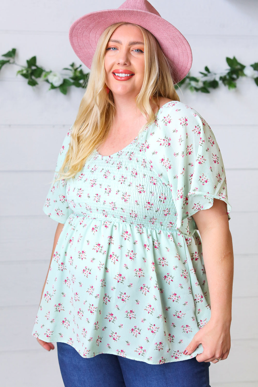 Mint Floral Smocked Flutter Sleeve Top