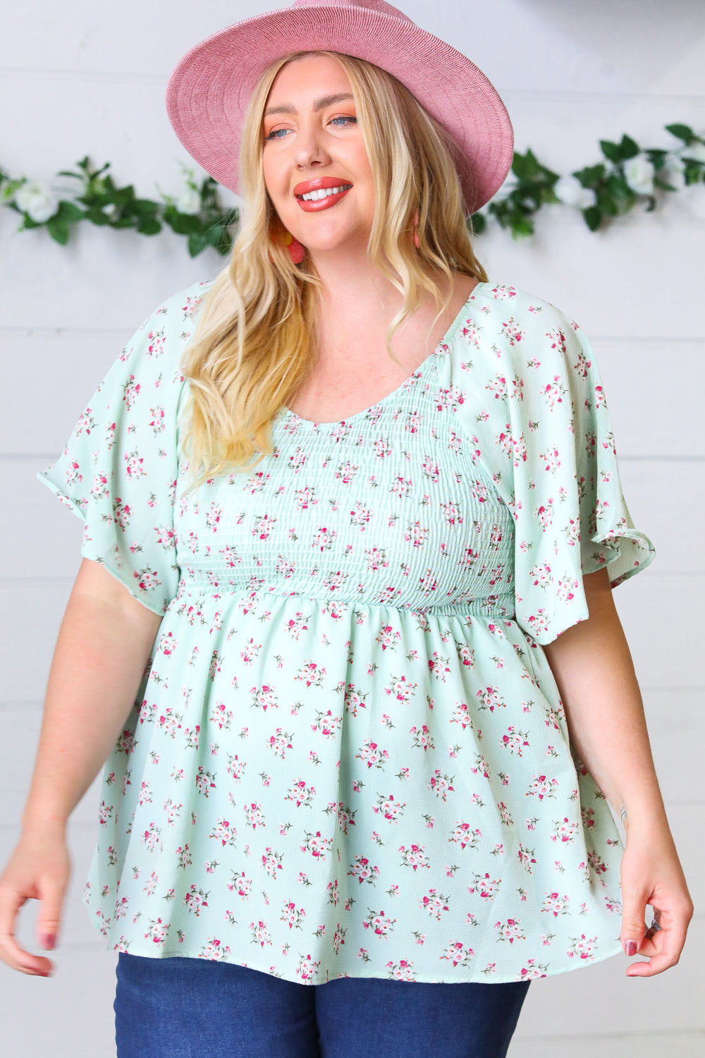 Mint Floral Smocked Flutter Sleeve Top