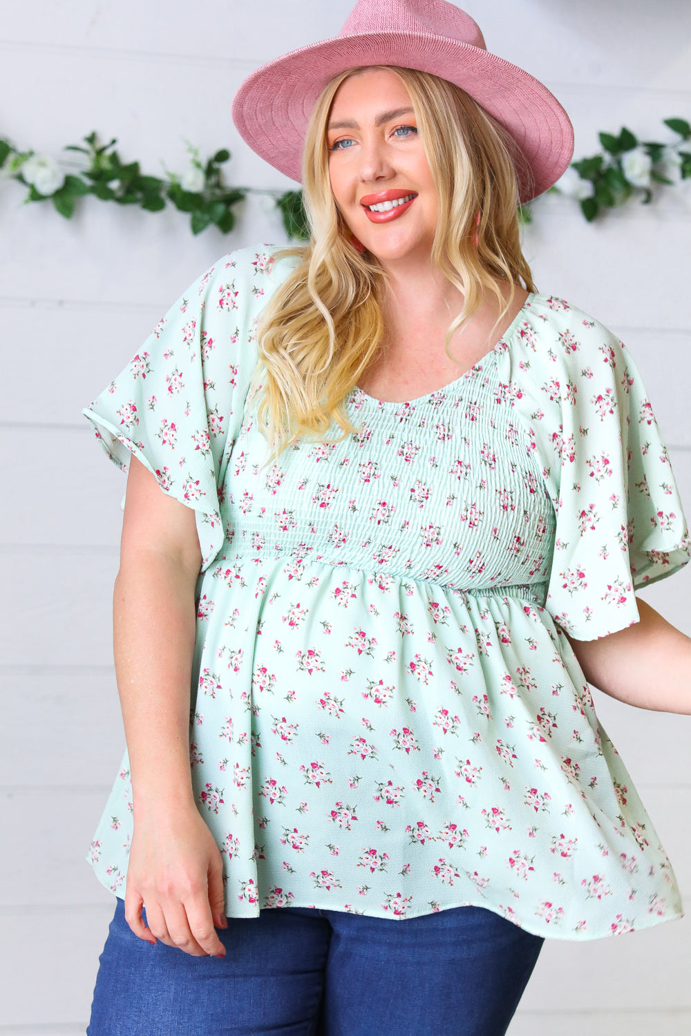 Mint Floral Smocked Flutter Sleeve Top