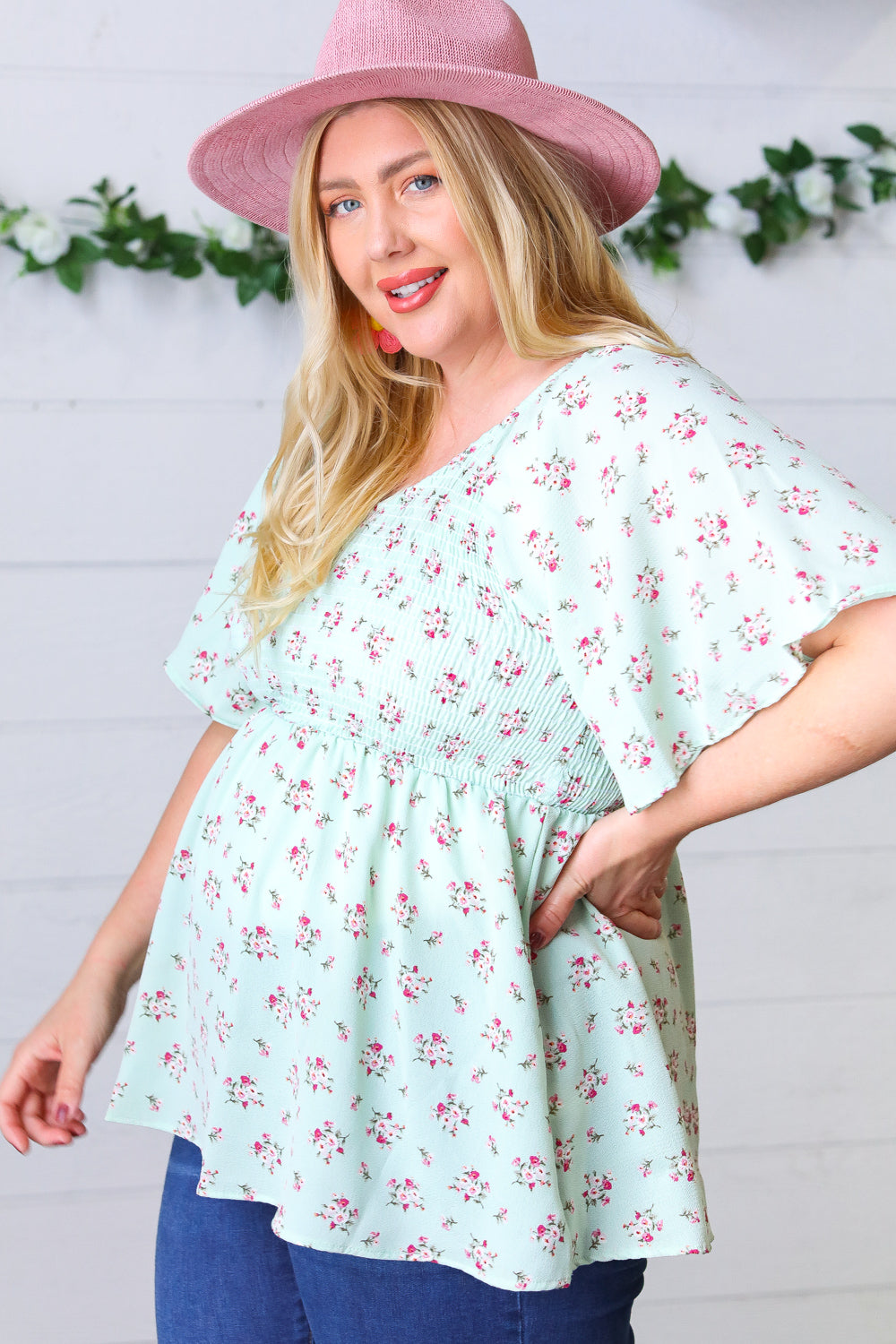 Mint Floral Smocked Flutter Sleeve Top