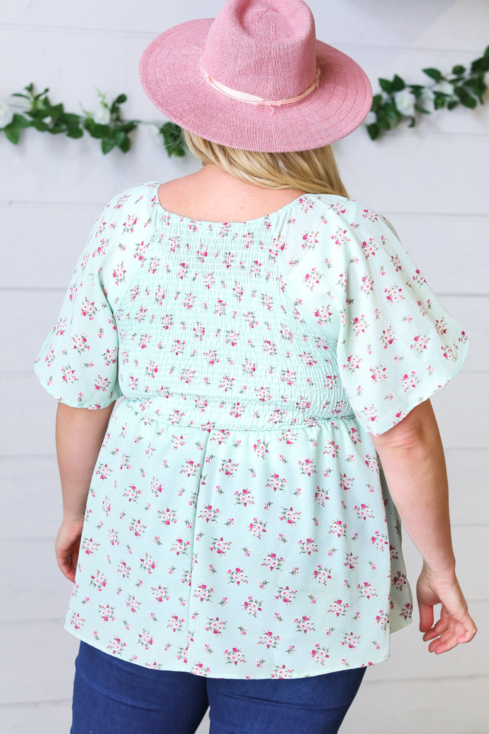 Mint Floral Smocked Flutter Sleeve Top