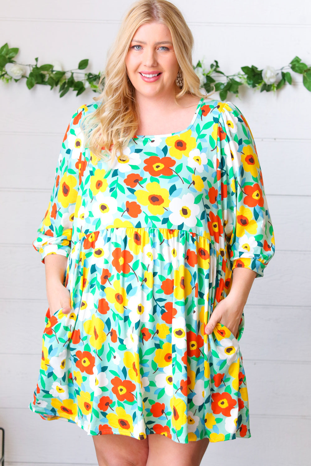 Flat Floral Square Neck Bubble Sleeve Midi Dress