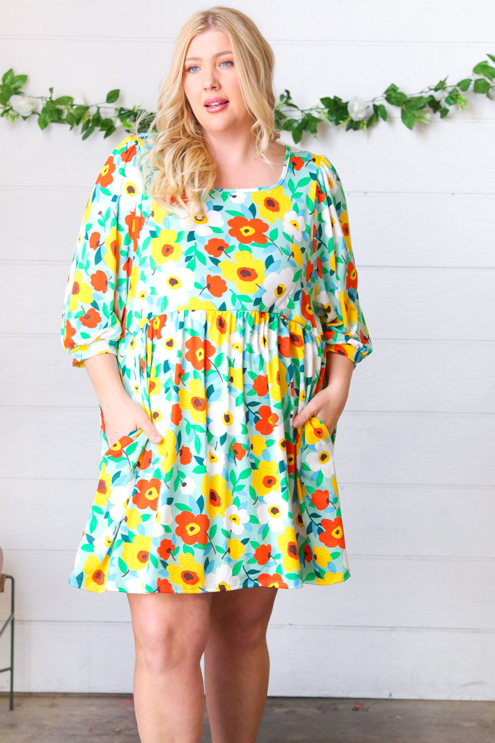 Flat Floral Square Neck Bubble Sleeve Midi Dress