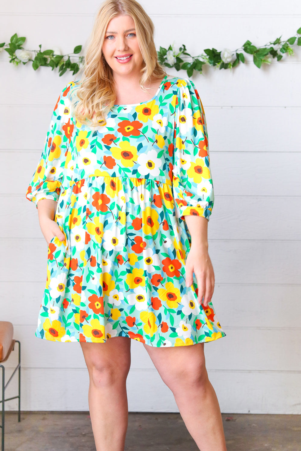 Flat Floral Square Neck Bubble Sleeve Midi Dress