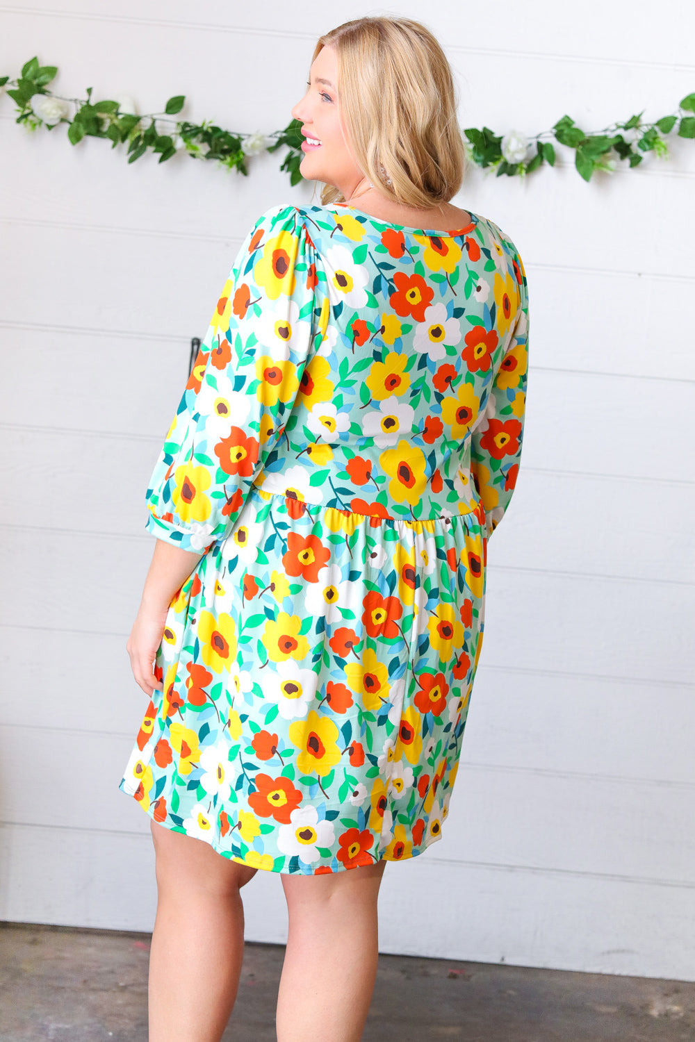 Flat Floral Square Neck Bubble Sleeve Midi Dress