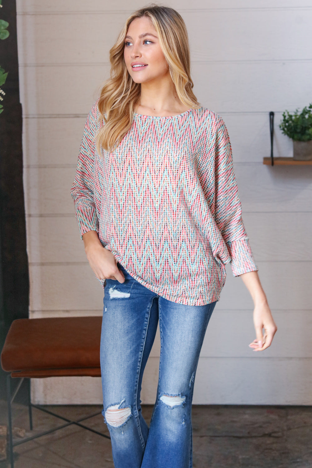 Multicolor Vintage Chevron Thermal Dolman Top