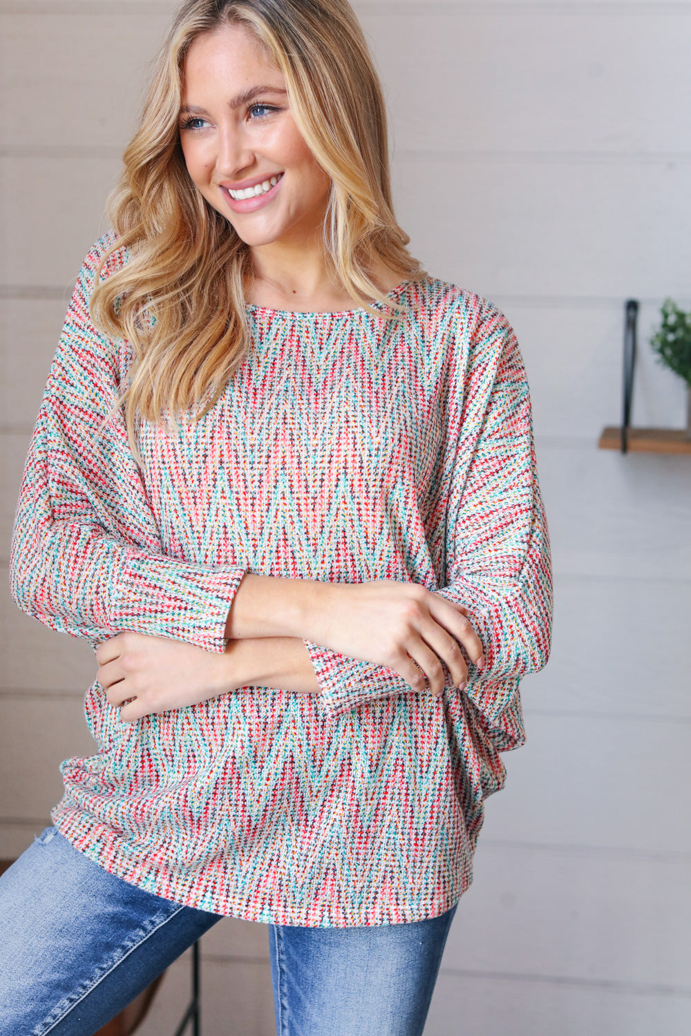 Multicolor Vintage Chevron Thermal Dolman Top