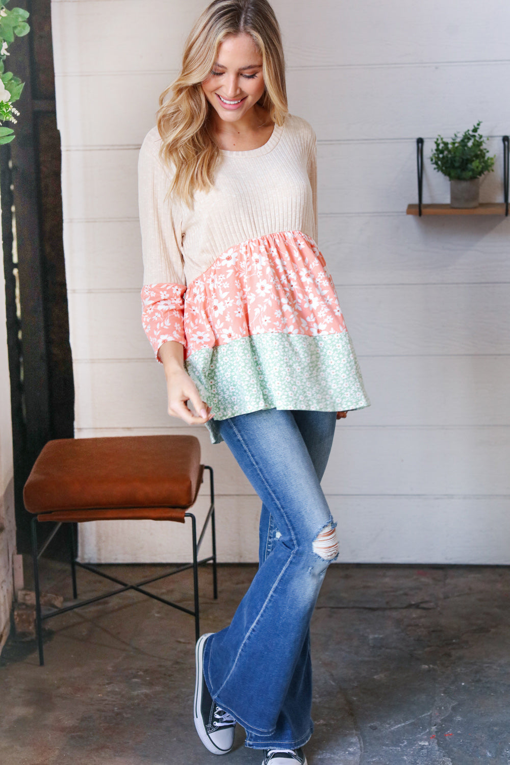 Oatmeal Rib Floral Tiered Babydoll Color Block Top
