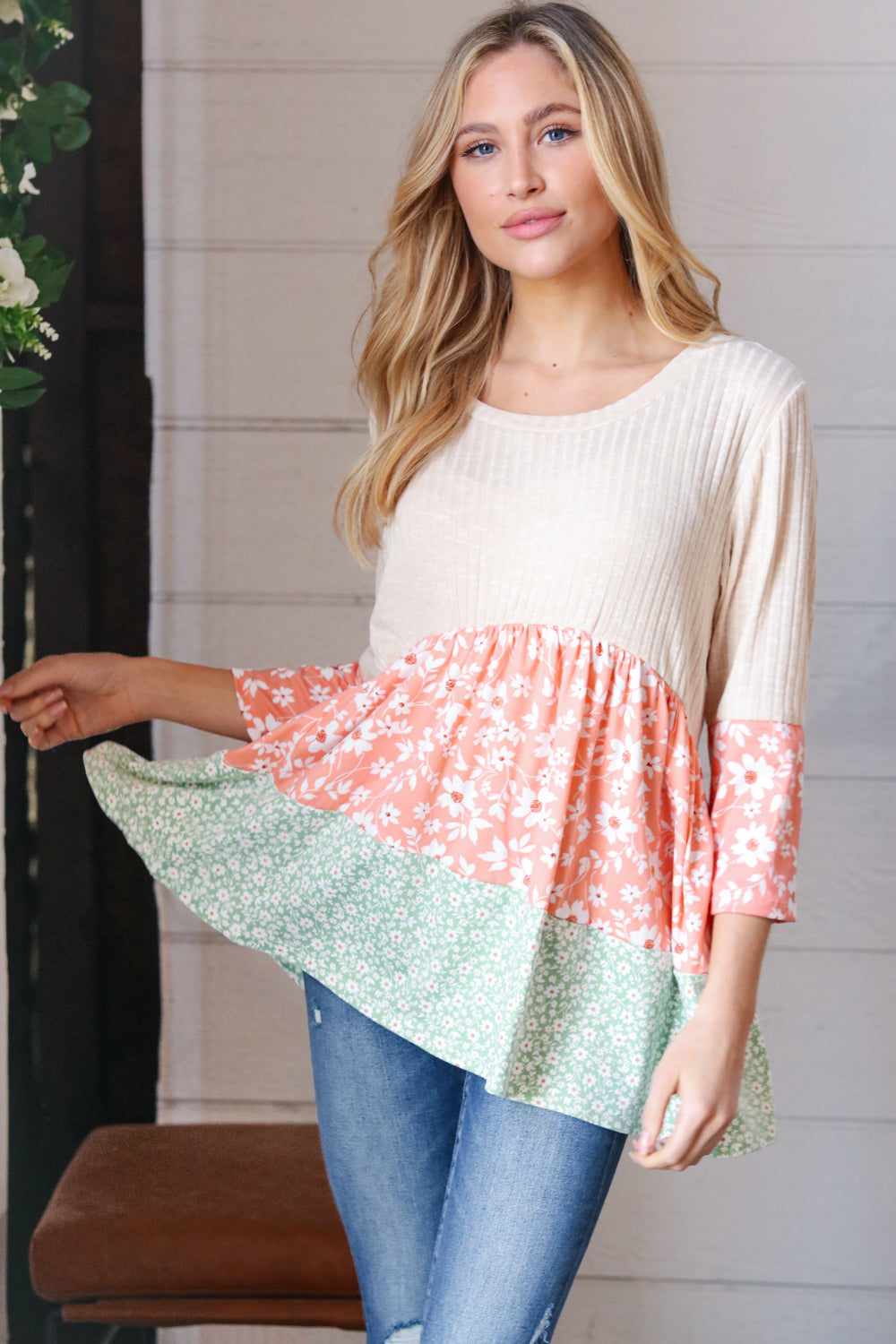 Oatmeal Rib Floral Tiered Babydoll Color Block Top