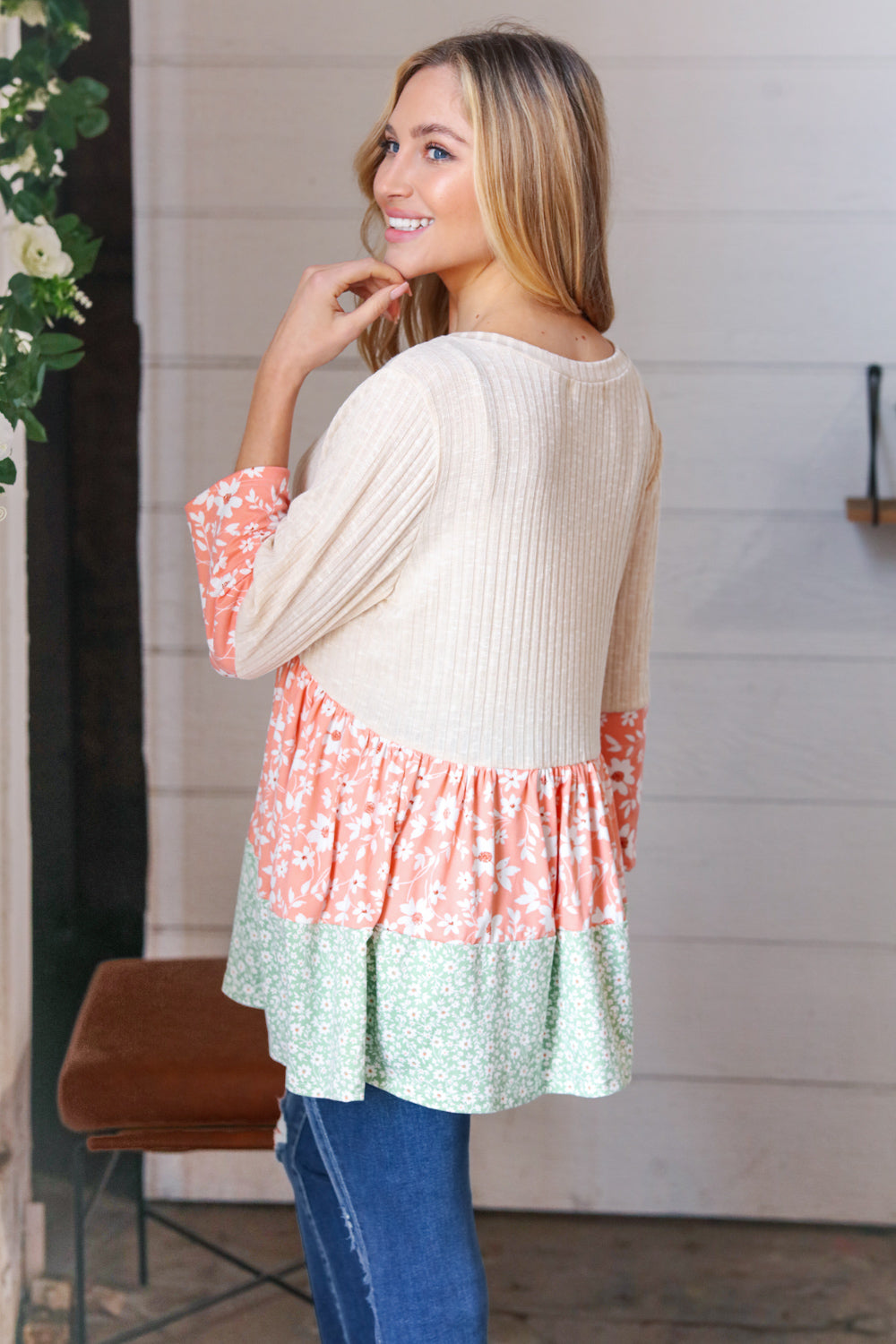 Oatmeal Rib Floral Tiered Babydoll Color Block Top