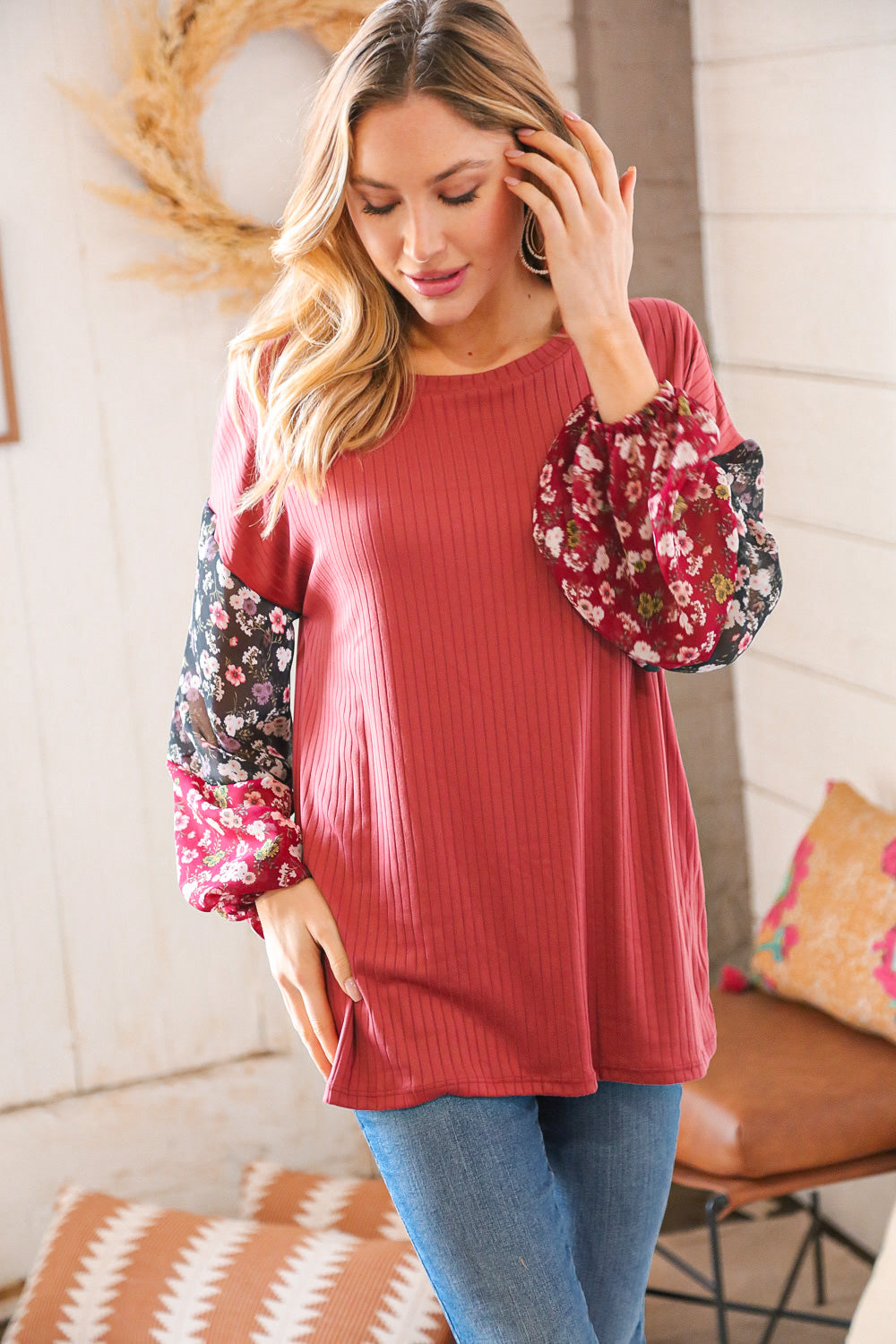 Rosewood Pink Rib Knit Floral Chiffon Bubble Sleeve Top