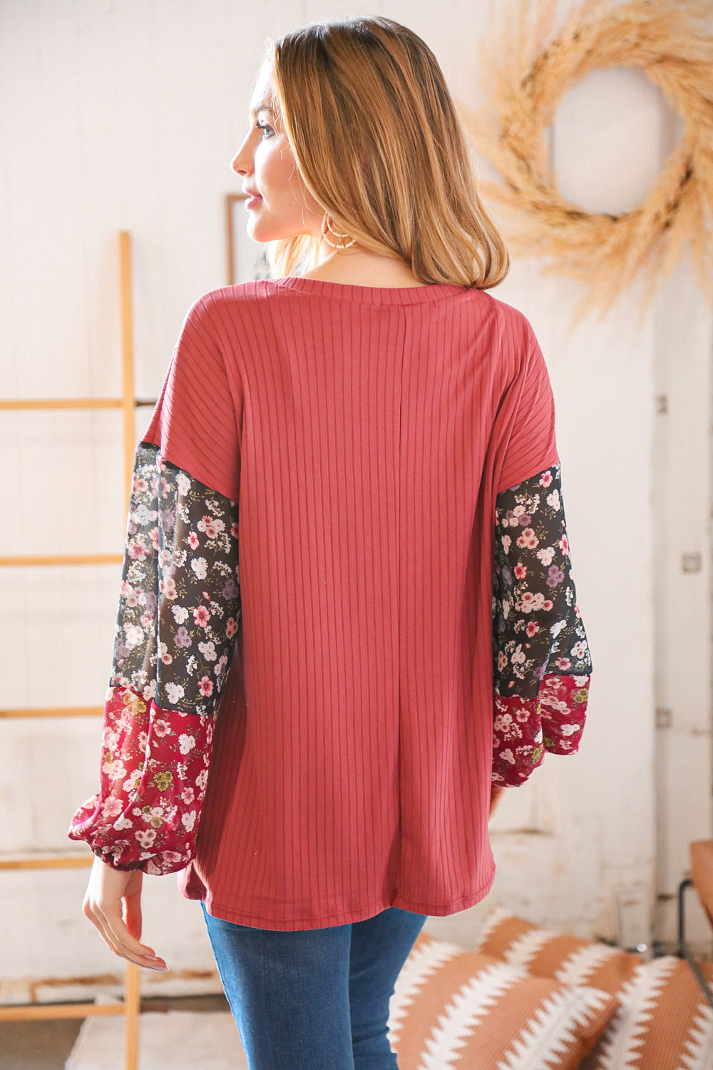 Rosewood Pink Rib Knit Floral Chiffon Bubble Sleeve Top