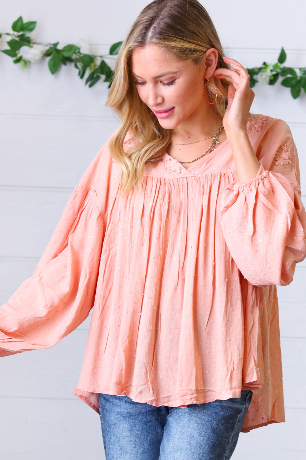 Peach Floral Swiss Dot Bubble Sleeve Top