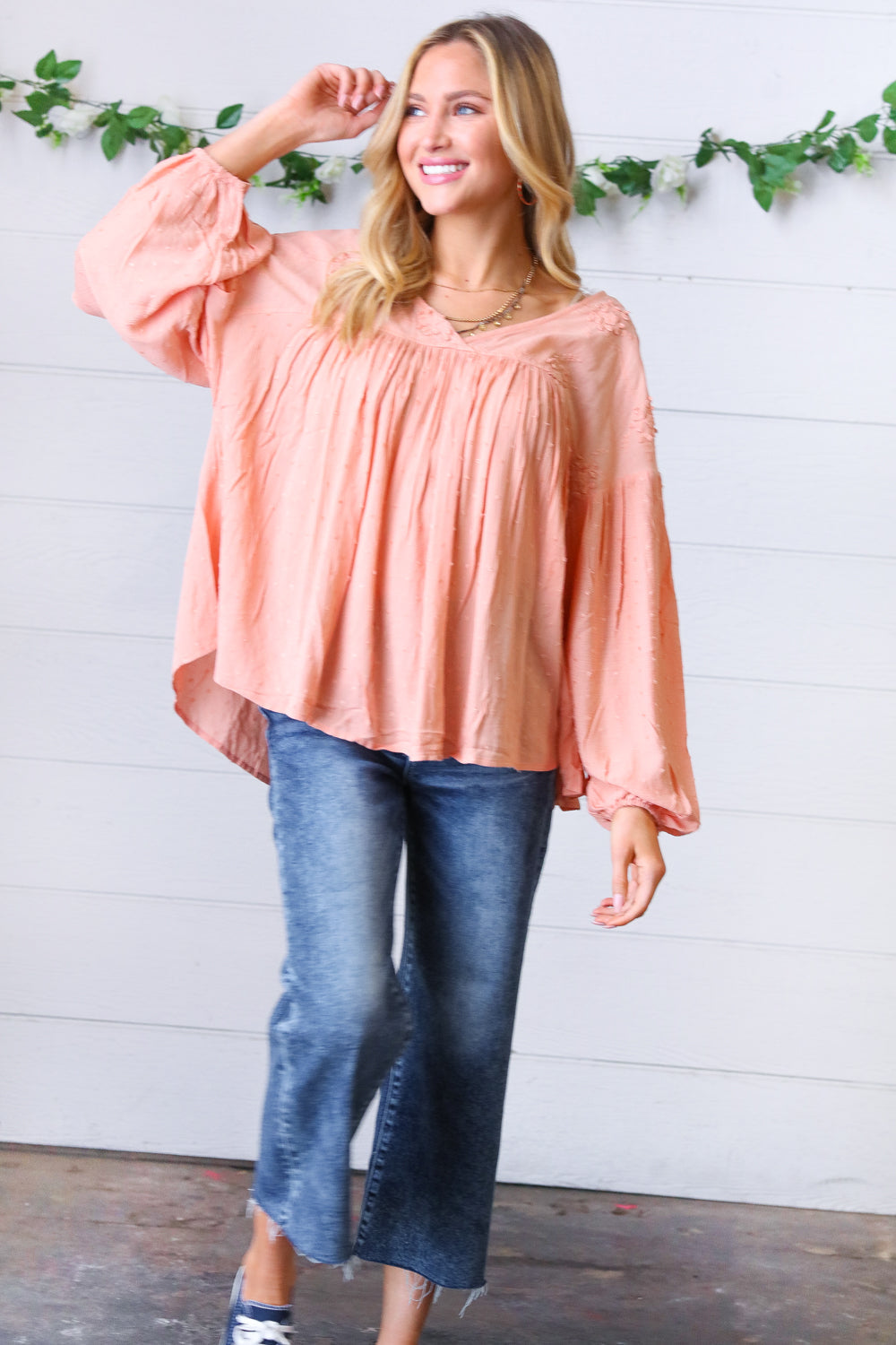 Peach Floral Swiss Dot Bubble Sleeve Top