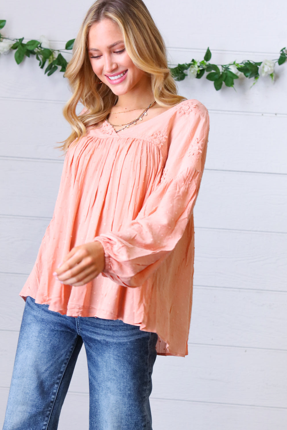 Peach Floral Swiss Dot Bubble Sleeve Top