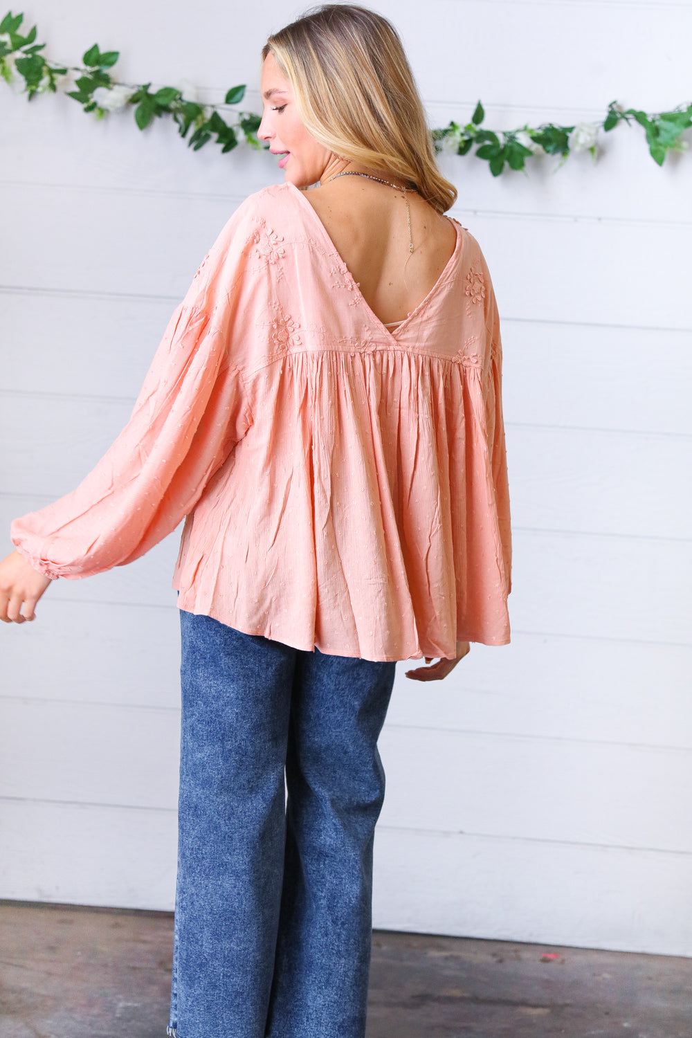 Peach Floral Swiss Dot Bubble Sleeve Top