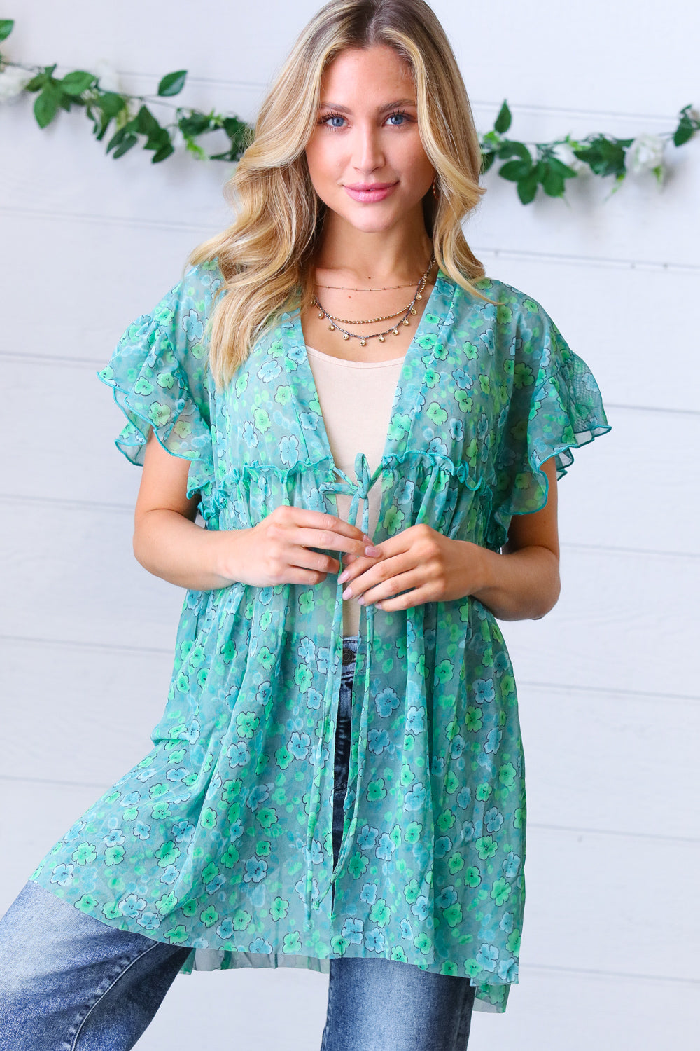 Jade & Light Blue Floral Sheer Tie Top