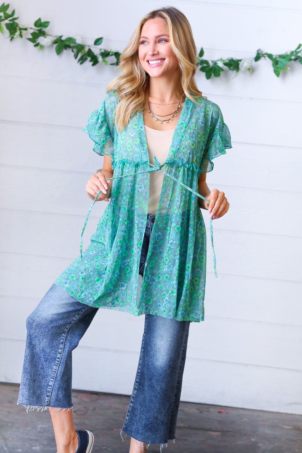Jade & Light Blue Floral Sheer Tie Top