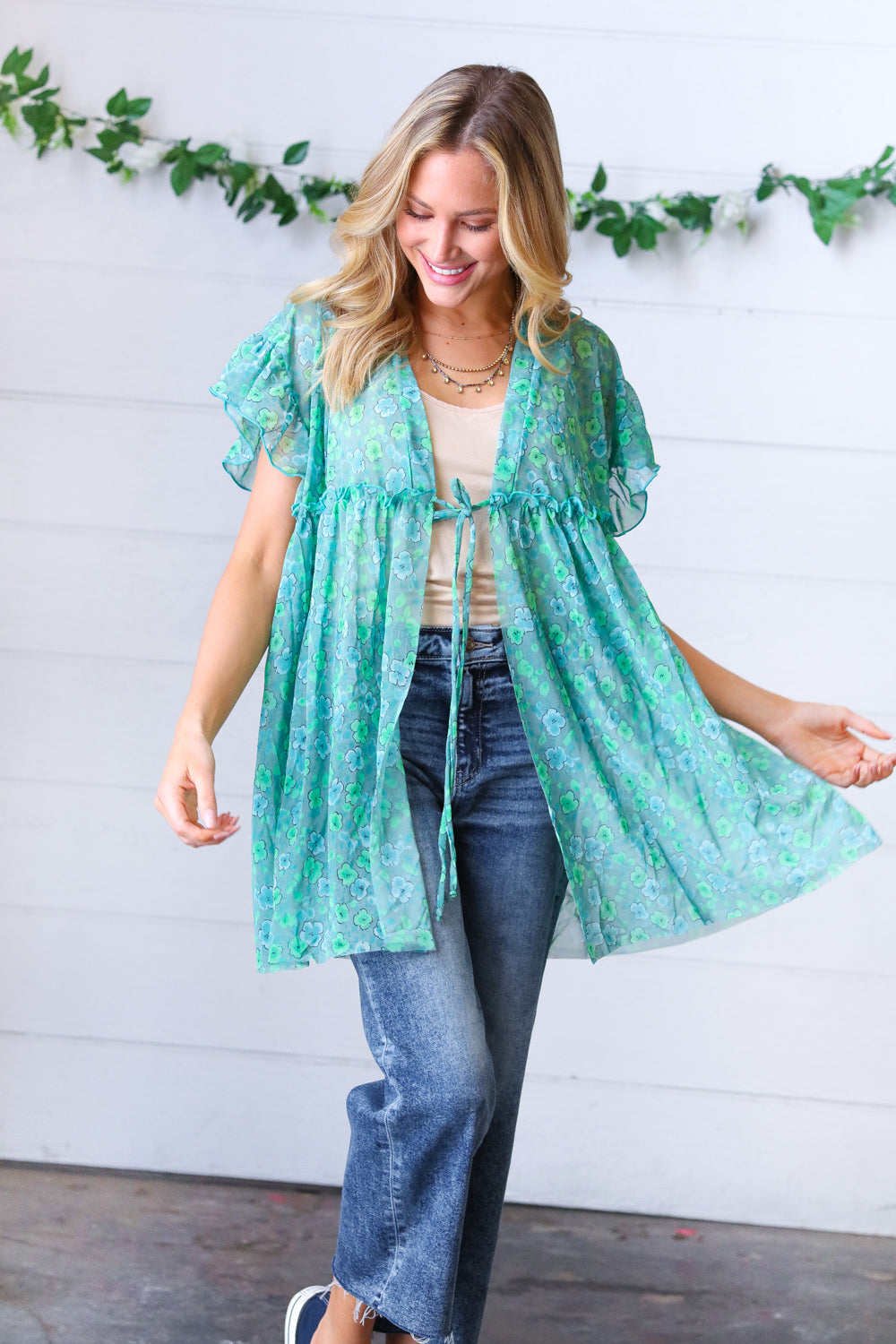Jade & Light Blue Floral Sheer Tie Top