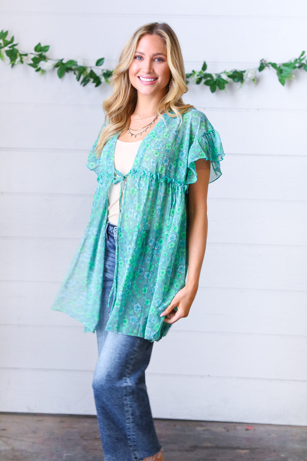 Jade & Light Blue Floral Sheer Tie Top
