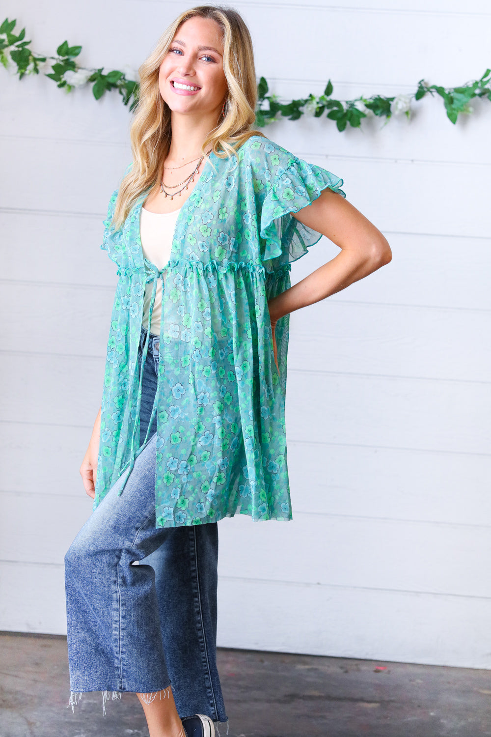 Jade & Light Blue Floral Sheer Tie Top