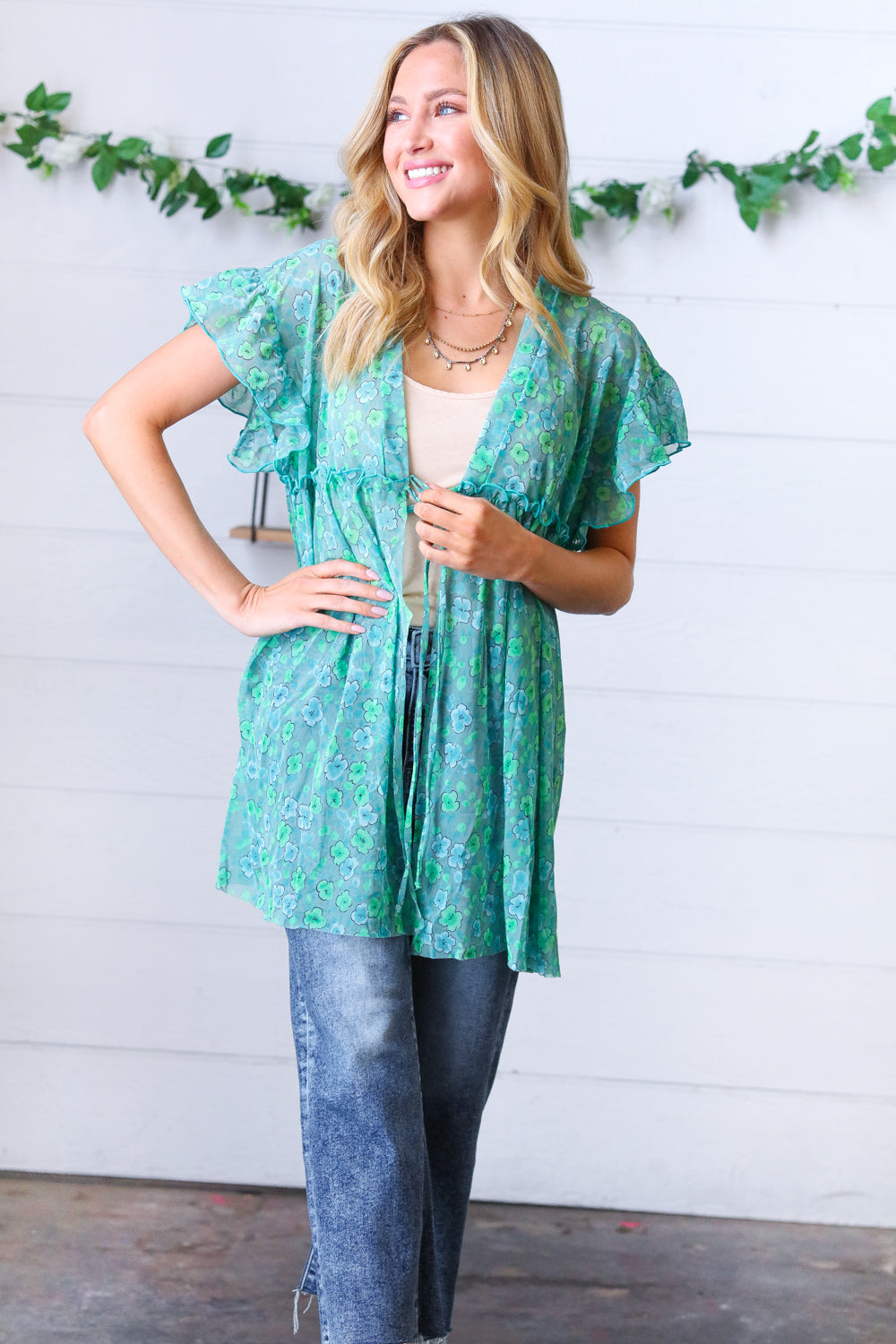 Jade & Light Blue Floral Sheer Tie Top