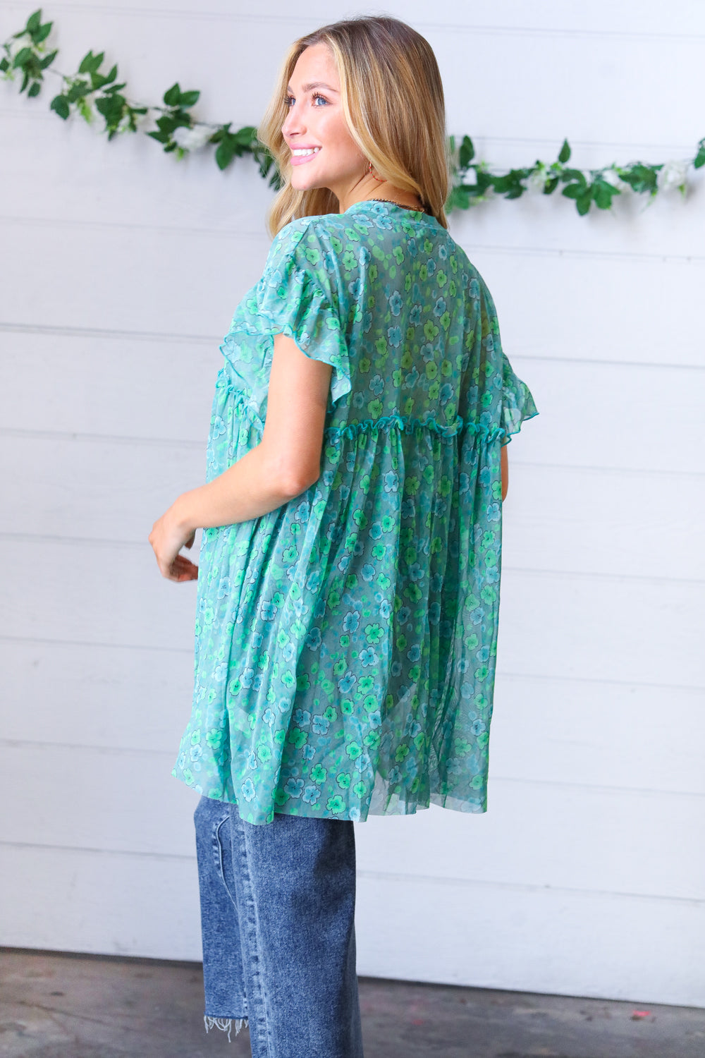 Jade & Light Blue Floral Sheer Tie Top