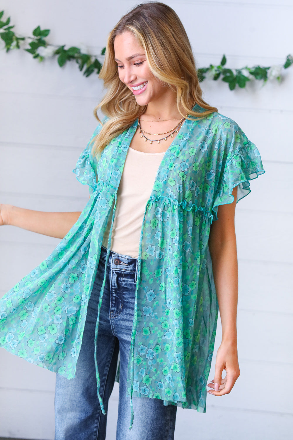 Jade & Light Blue Floral Sheer Tie Top