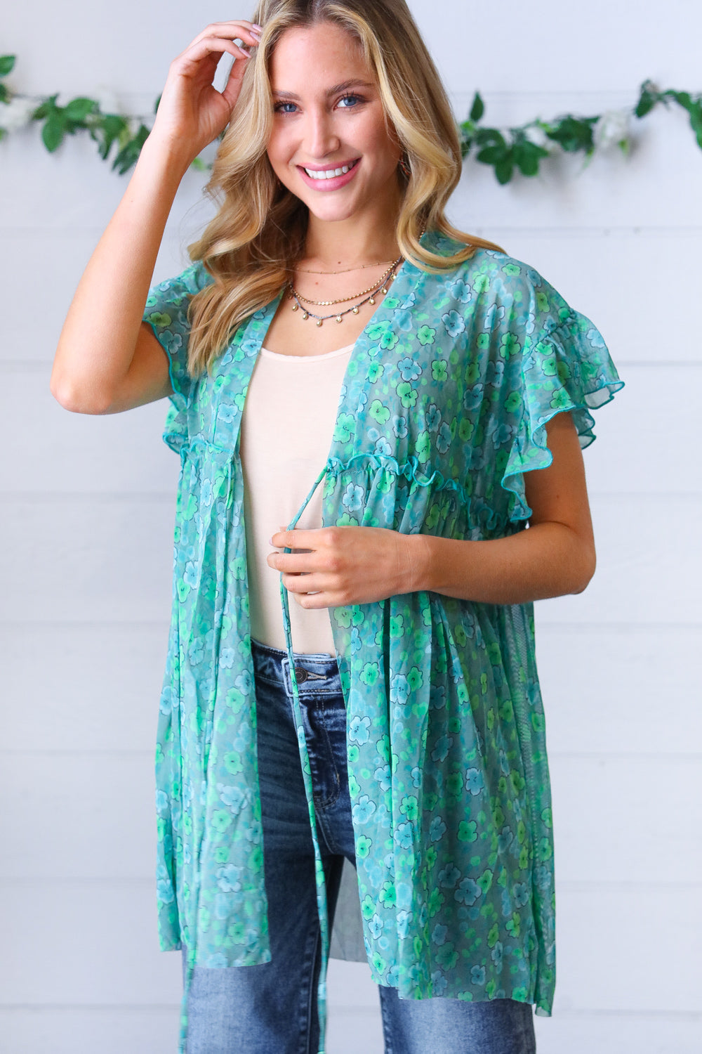 Jade & Light Blue Floral Sheer Tie Top