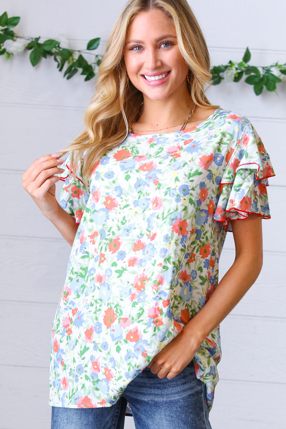 Mint Watercolor Floral Flutter Sleeve Woven Top