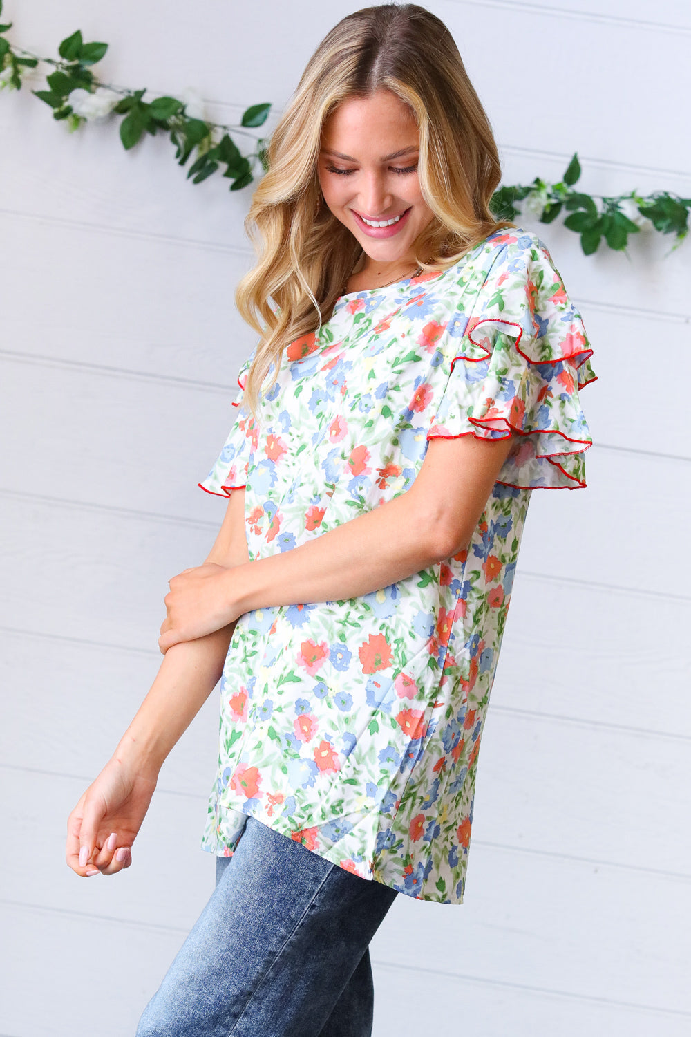 Mint Watercolor Floral Flutter Sleeve Woven Top
