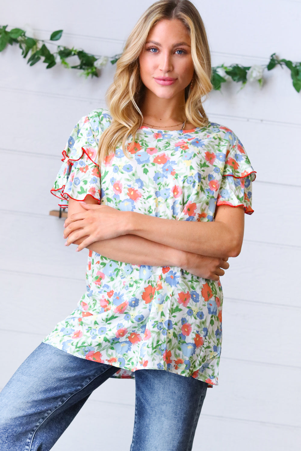 Mint Watercolor Floral Flutter Sleeve Woven Top