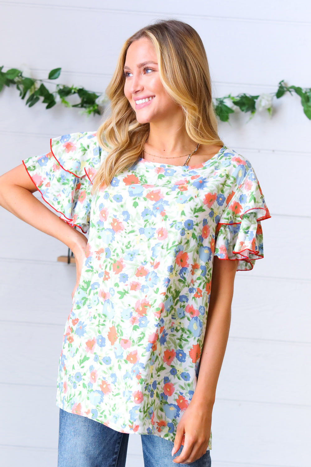 Mint Watercolor Floral Flutter Sleeve Woven Top