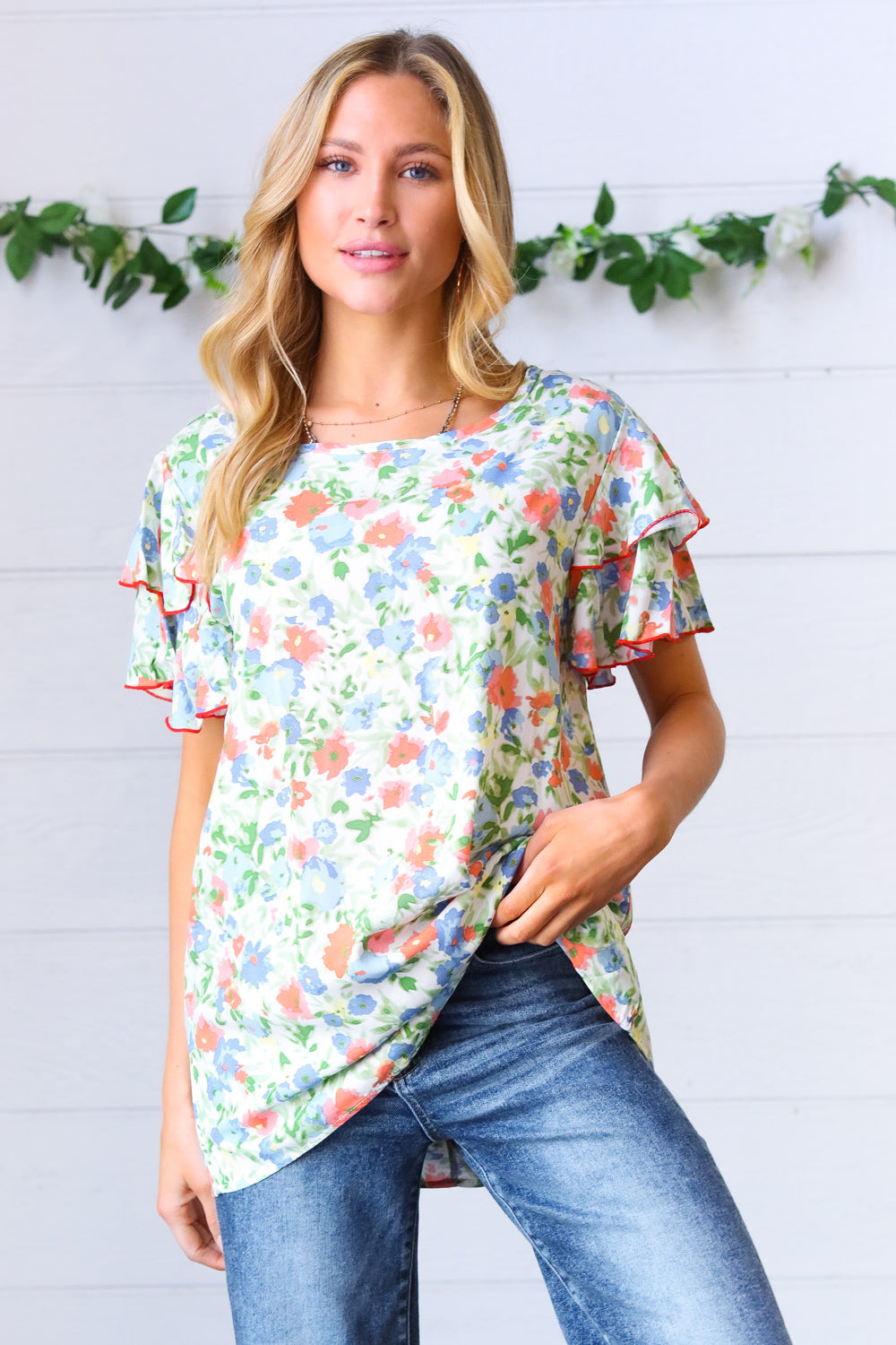 Mint Watercolor Floral Flutter Sleeve Woven Top