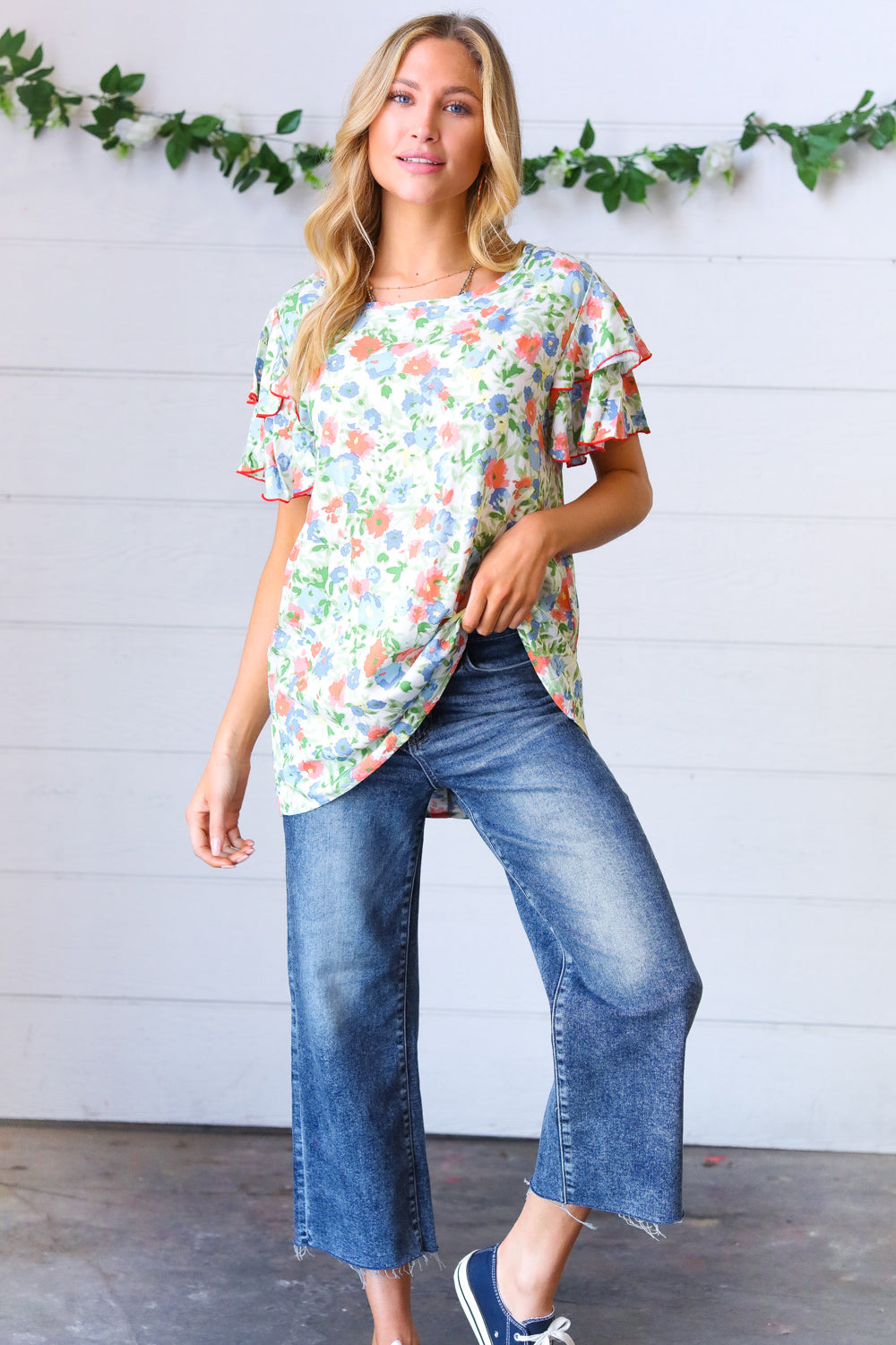Mint Watercolor Floral Flutter Sleeve Woven Top