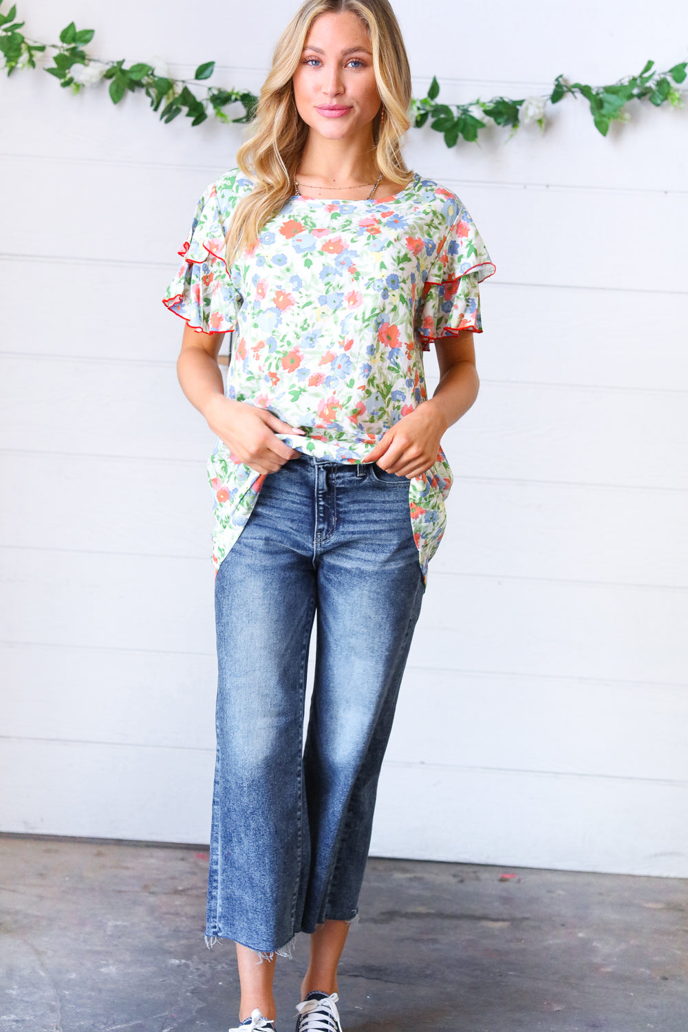 Mint Watercolor Floral Flutter Sleeve Woven Top