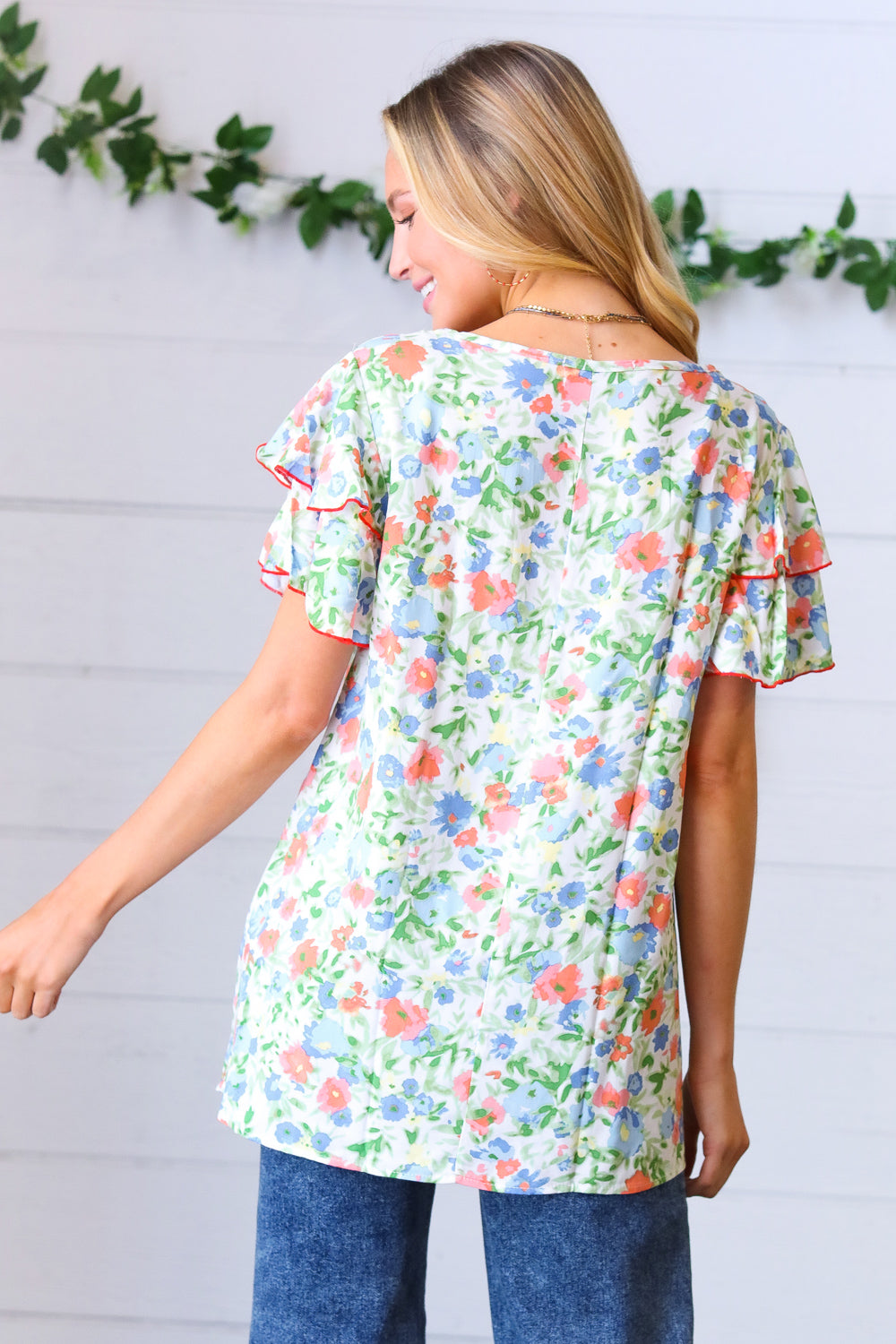 Mint Watercolor Floral Flutter Sleeve Woven Top